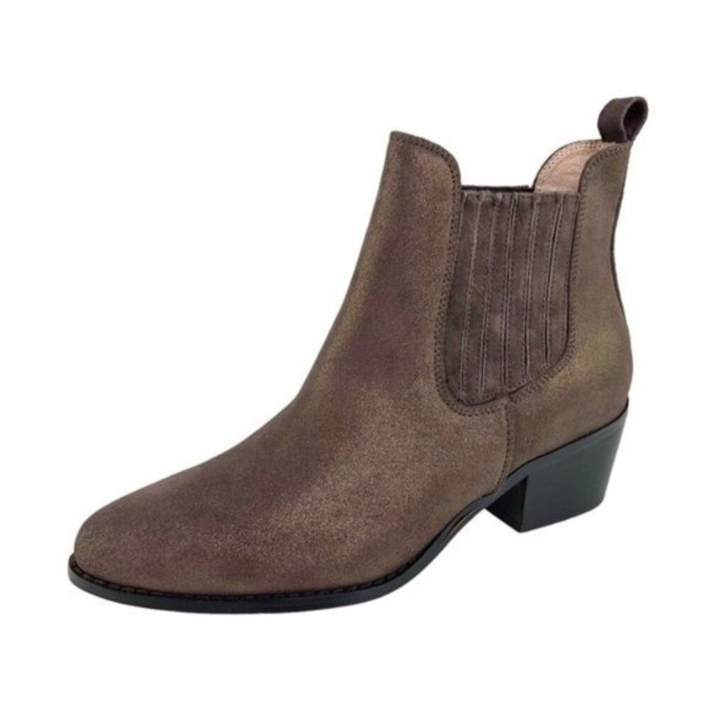 Anthro Brown Suede Metallic Chelsea Ankle Bootie